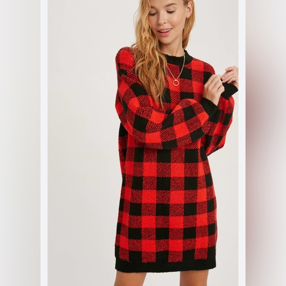 Plaid Red and Black Women's Sweater Dress - Picture 1 of 5